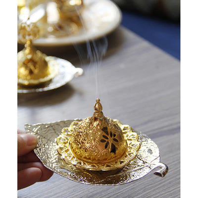 Buddha Stones Tibetan Gold Mini Leaf Coaster Meditation Incense Burner Incense Burner BS 20