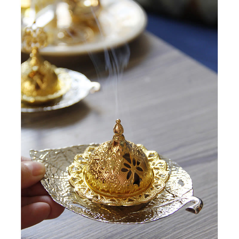 Buddha Stones Tibetan Gold Mini Leaf Coaster Meditation Incense Burner Incense Burner BS 20