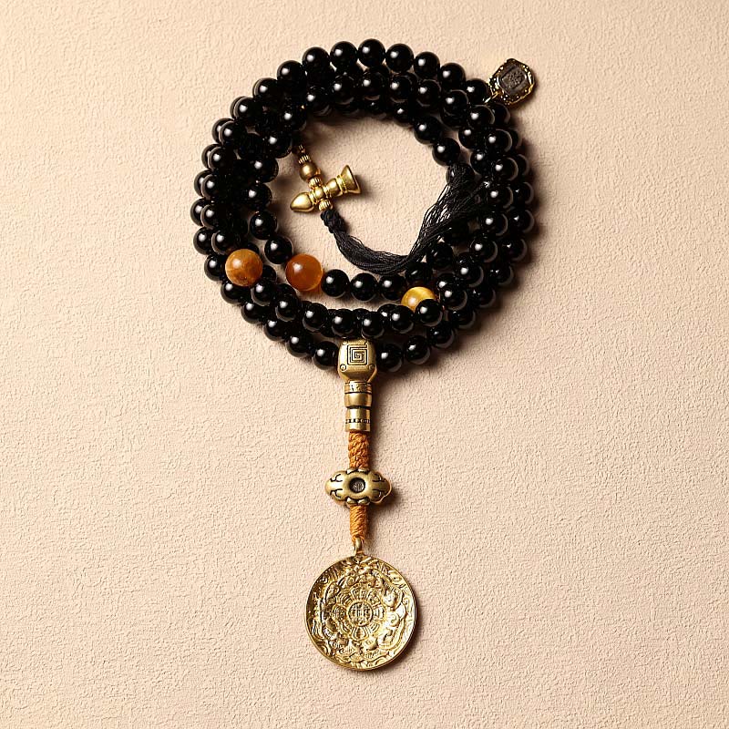 Buddha Stones Tibetan 108 Mala Beads Black Onyx Tiger Eye Beads Nine Palaces Bagua Protection Bracelet Mala Bracelet BS Black Onyx&Nine Palaces Bagua 8mm