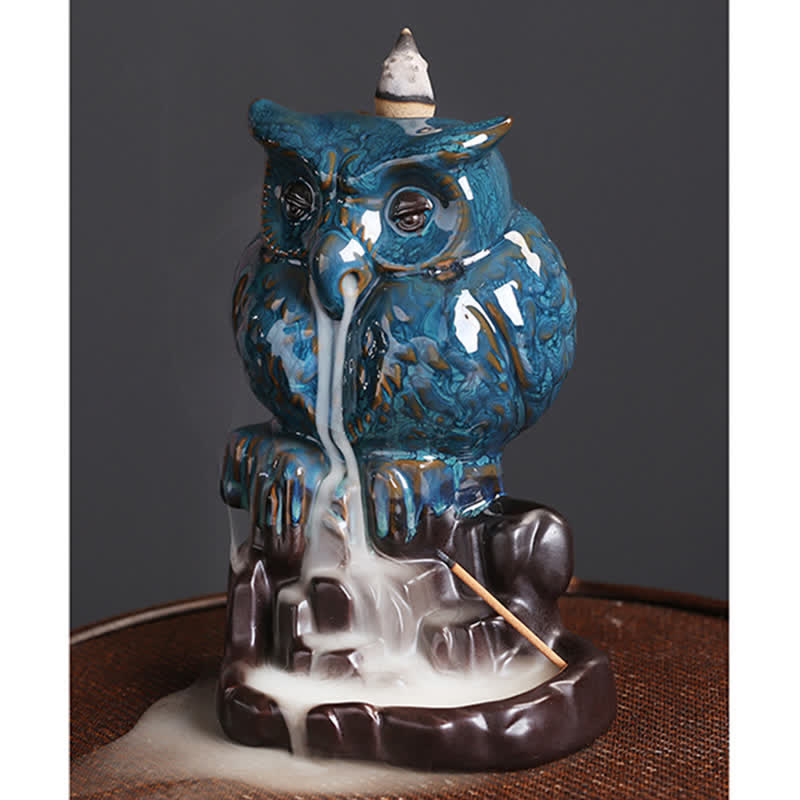 Buddha Stones Cute Owl Ceramic Backflow Smoke Fountain Meditation Healing Incense Burner Decoration Incense Burner BS 8