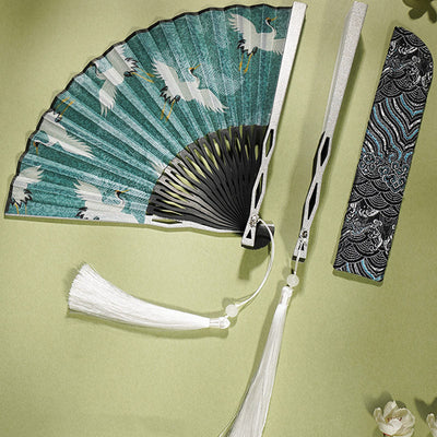 Buddha Stones Vintage Blue White Crane Pattern Handheld Silk Bamboo Folding Fan Folding Fan BS 2