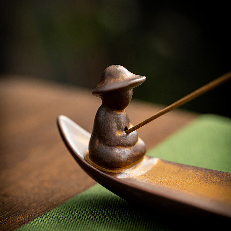 Buddha Stones A Lonely Fisherman Afloat Ceramic Healing Incense Burner Incense Burner BS 7