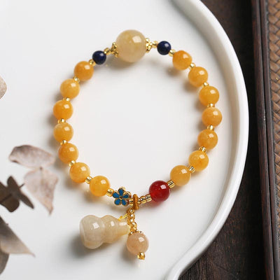 Buddha Stones Natural Golden Silk Jade Gourd Charm Wealth Luck Bracelet Bracelet BS 1