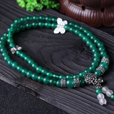 Buddha Stones Natural Green Agate Butterfly Support Bracelet Mala Bracelet BS 5