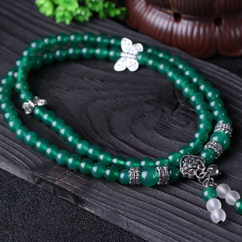 Buddha Stones Natural Green Agate Butterfly Support Bracelet Mala Bracelet BS 5