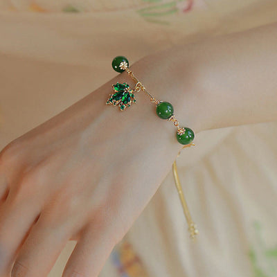 Buddha Stones 14k Gold Plated Green Chalcedony Maple Leaf Courage Strength Bracelet Bracelet BS 6