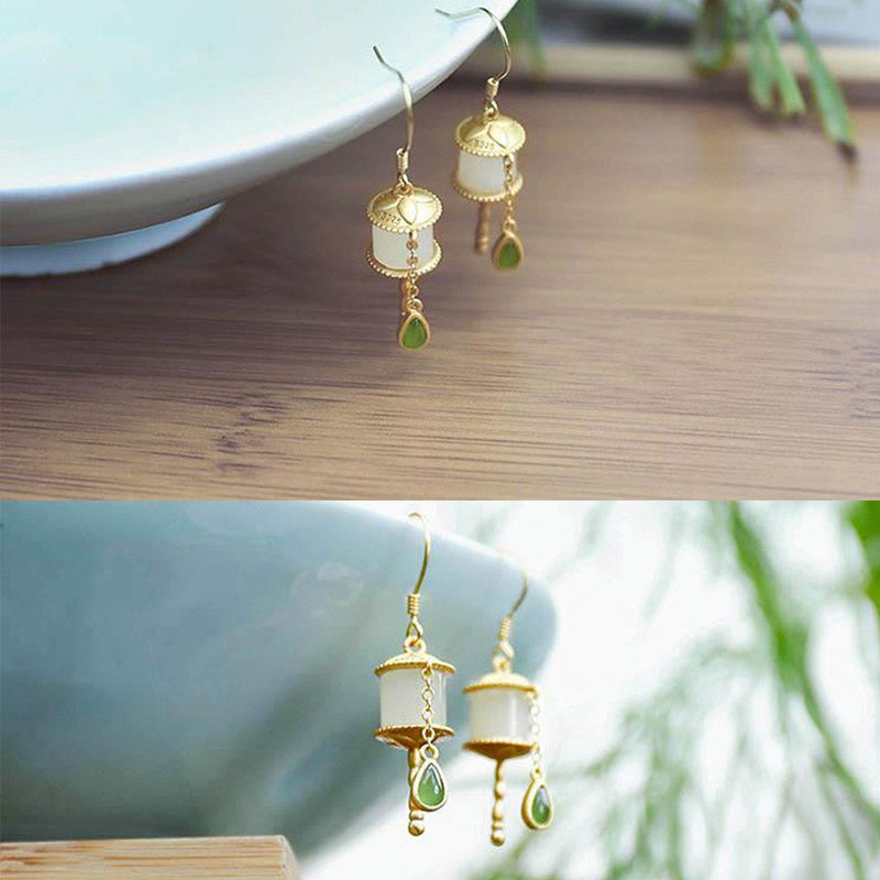 Buddha Stones 925 Sterling Silver Jade Prayer Wheel Luck Drop Earrings Earrings BS 10