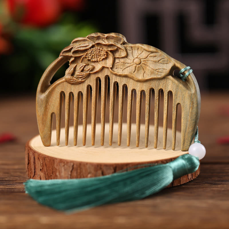 Buddha Stones Green Sandalwood Fox Peony Flower Lotus Engraved Cure Tassel Comb Comb BS Lotus Leaf Lotus Pod Green Sandalwood