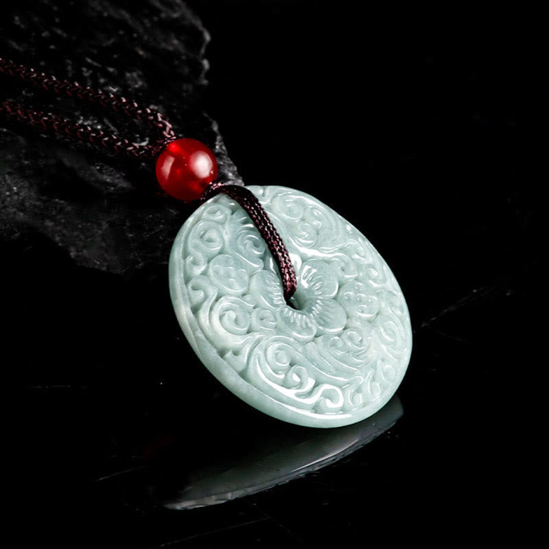 Buddha Stones Green Jade Flower Carved Peace Buckle Abundance Necklace Pendant Necklaces & Pendants BS 3