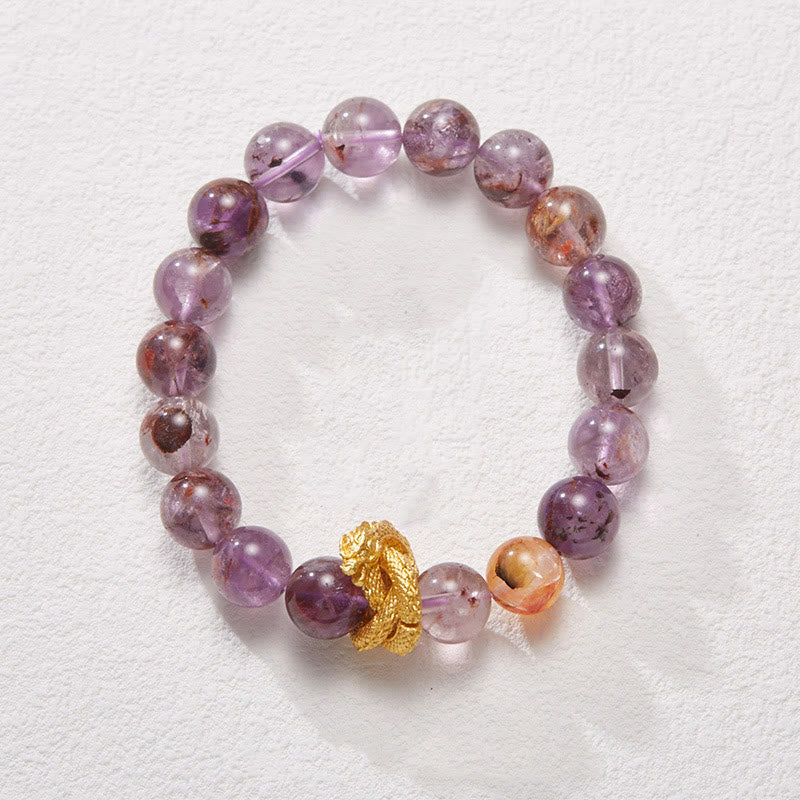 Buddha Stones Purple Phantom Copper Gold-plated Dragon Wisdom Bracelet Bracelet BS Purple Phantom(Wrist Circumference: 14-16cm)