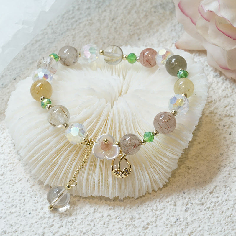 Buddha Stones Strawberry Quartz Rutilated Quartz Fluorite Flower Healing Bracelet Bracelet BS Rutilated Quartz(Wrist Circumference 14-16cm)