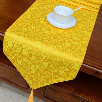 Buddha Stones Prayer Altar Flower Vajra Dragon Pattern Tibetan Auspicious Symbols Tassels Jacquard Table Runner Prayer Altar BS Yellow Dragon 200*33cm