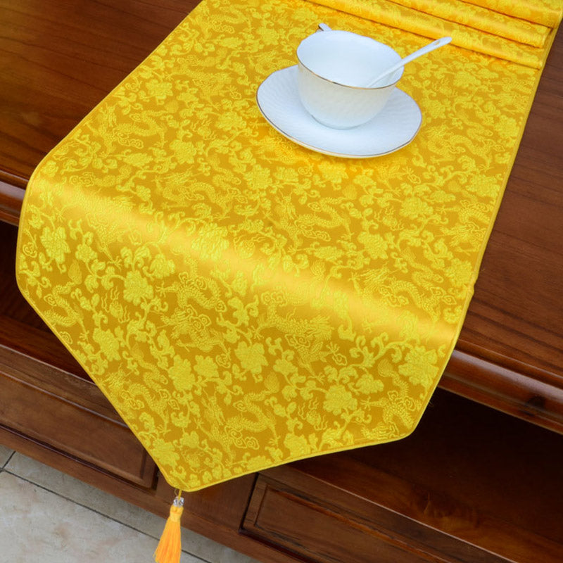 Buddha Stones Prayer Altar Flower Vajra Dragon Pattern Tibetan Auspicious Symbols Tassels Jacquard Table Runner Prayer Altar BS Yellow Dragon 200*33cm