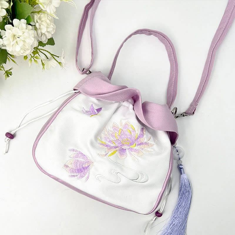 Buddha Stones Suzhou Embroidery Camellia Magnolia Peony Lotus Silk Tote Crossbody Bag Shoulder Bag Handbag Crossbody Bag BS 21