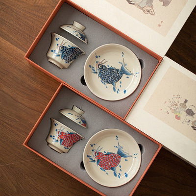 Buddha Stones Koi Fish Arowana Ceramic Gaiwan Sancai Teacup Kung Fu Tea Cup With Lid 130ml Cup BS 35