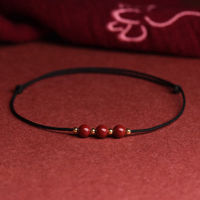 Buddha Stones Natural Lucky Cinnabar Bead Blessing String Bracelet Anklet Bracelet BS Three Cinnabar Bead Black Anklet(Anklet Circumference 21-27cm)