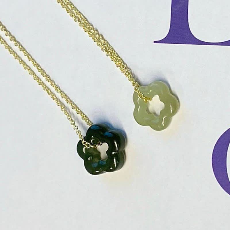 Buddha Stones Dainty Hetian Jade Cyan Jade Luck Floral Charm Necklace Pendant Necklaces & Pendants BS 15
