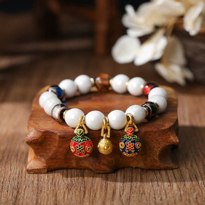 Buddha Stones Gold Swallowing Beast Family Charm Liuli Glass Colorful Porcelain Bead Luck Bracelet Bracelet BS Gold Swallowing Beast Family&Colorful Bead