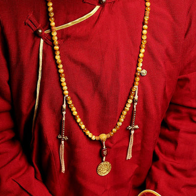 Buddha Stones 108 Mala Beads Natural Tiger Eye Copper Dorje Protection Tassel Bracelet Mala Bracelet BS 9
