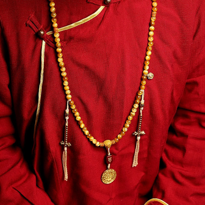 Buddha Stones 108 Mala Beads Natural Tiger Eye Copper Dorje Protection Tassel Bracelet Mala Bracelet BS 9