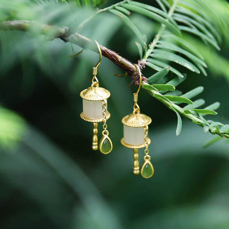 Buddha Stones 925 Sterling Silver Jade Prayer Wheel Luck Drop Earrings Earrings BS Jade&Silver