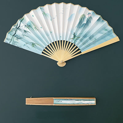 Buddha Stones Retro Lotus Flower Leaf Mountain Lake Handheld Folding Fan With Bamboo Frames Folding Fan BS 12