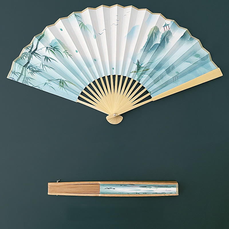 Buddha Stones Retro Lotus Flower Leaf Mountain Lake Handheld Folding Fan With Bamboo Frames Folding Fan BS 12