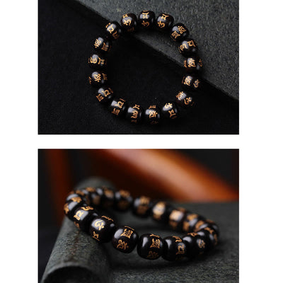 Buddha Stones Tibetan Ebony Wood Om Mani Padme Hum Engraved Peace Bracelet Bracelet BS 4