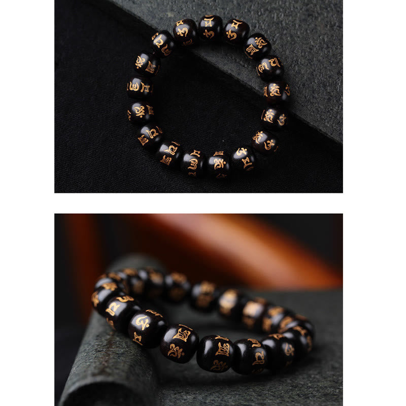 Buddha Stones Tibetan Ebony Wood Om Mani Padme Hum Engraved Peace Bracelet Bracelet BS 4