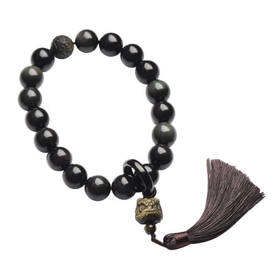 Buddha Stones Natural Black Obsidian Lion Wrist Mala Protection Tassels Pocket Mala Car Decoration Wrist Mala&Decorations BS 6