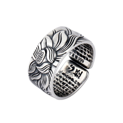 Buddha Stones 999 Sterling Silver Lotus Symbol Heart Sutra Protection Ring Ring BS 9