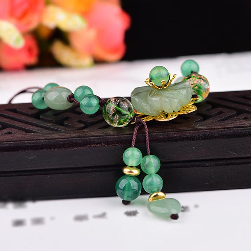 Buddha Stones Natural Green Jade Luck Dangling Flower Bracelet Bracelet BS 8