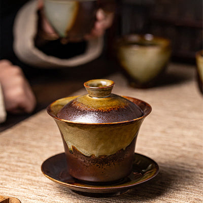 Buddha Stones Vintage Brown Kiln Change Design Porcelain Ceramic Gaiwan Sancai Teacup Kung Fu Tea Cup And Saucer With Lid Cup BS 1