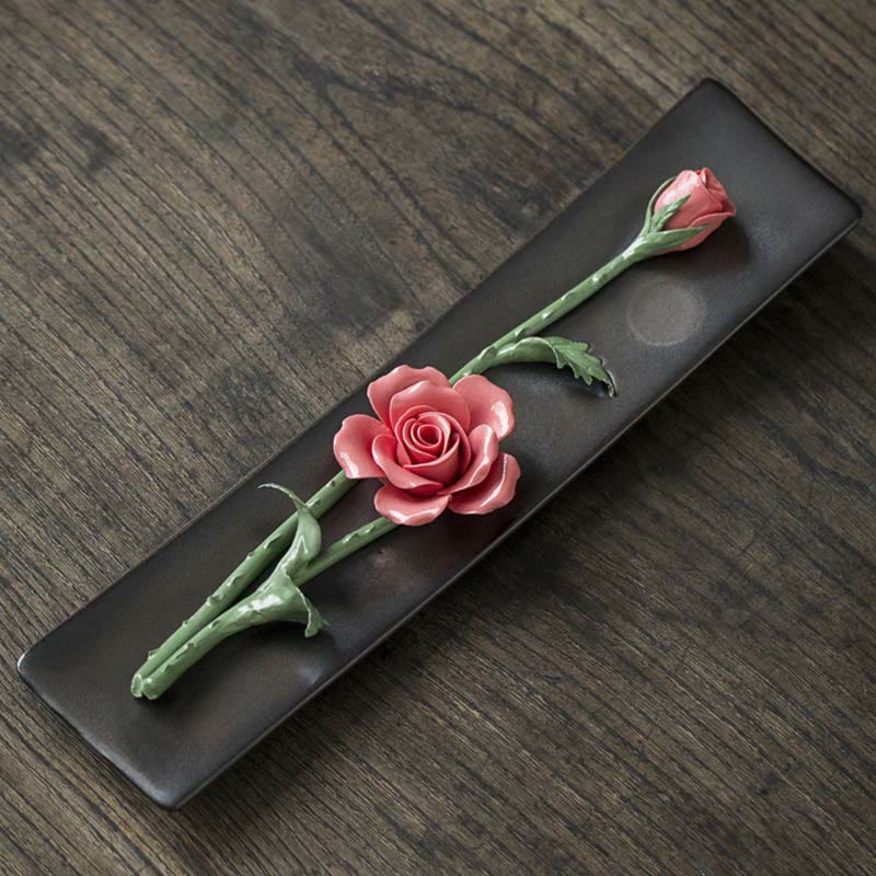 Buddha Stones Lotus Peony Rose Flower Ceramic Spiritual Incense Burner Incense Burner BS Red Rose