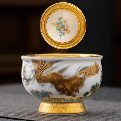Buddha Stones Golden Eagle Auspicious Dragon Sun Ocean Waves Gilt Ceramic Teacup Kung Fu Tea Cup Cup BS 6