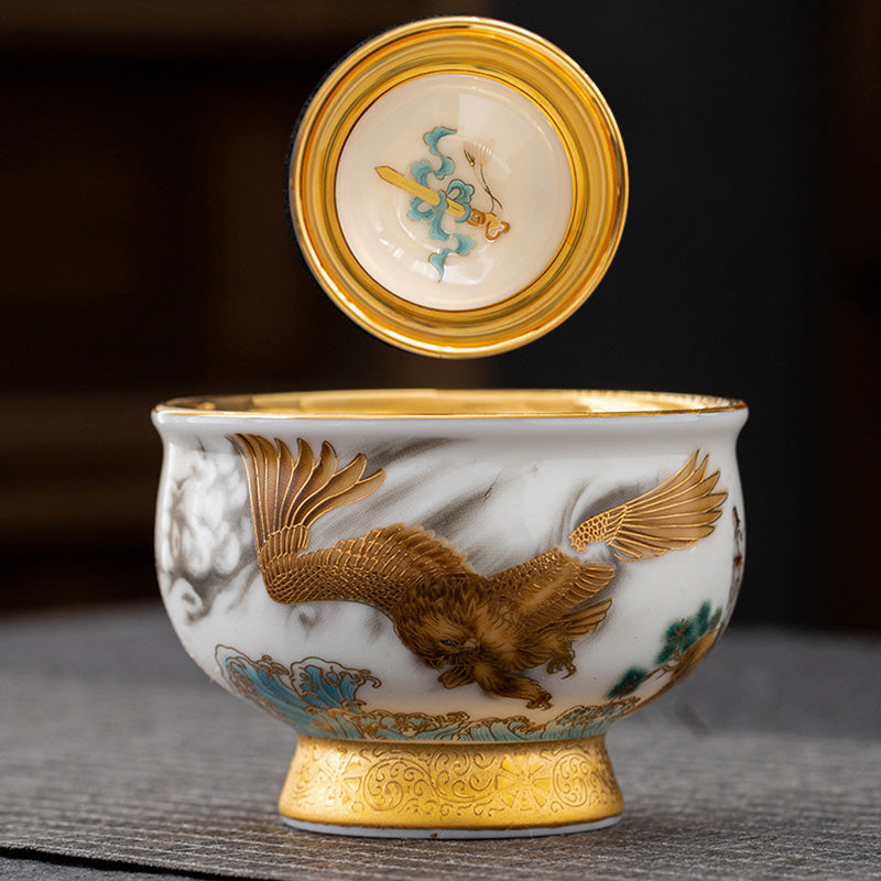 Buddha Stones Golden Eagle Auspicious Dragon Sun Ocean Waves Gilt Ceramic Teacup Kung Fu Tea Cup Cup BS 6