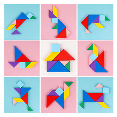 Fidtoy 3 in 1 Brainteaser Tangram Puzzle Board, Wooden Vehicle Shape Matching Puzzle, Color Recognition Fine Motor Learning Toy Ages 3+