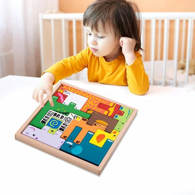 Fidtoy Wooden Animal Creative Challenge Puzzle Board for Kids | 13-Piece Animal Shape Matching Puzzle, Geometric Sorting, Stacking Blocks, Fine Motor & Problem-Solving Toy Age 2-6