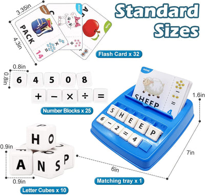 Fidtoy 2in1 Alphanumeric Word and Math Learning Kit, Plastic Preschool Spelling and Counting Game with 64 Word Cards, Letter Blocks, Number Blocks and Math Symbols Ages 2-6