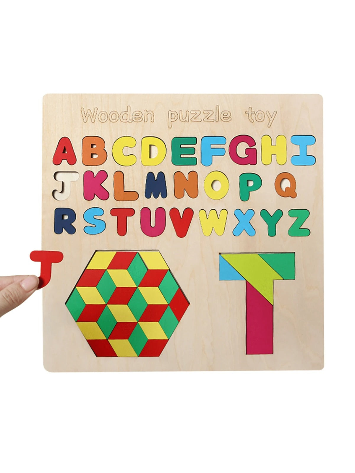 Fidtoy 3 in 1 Wooden Alphabet Tangram Puzzle Board, Wooden ABC Shape and Color Learning Puzzle, Early Literacy Fine Motor Toy Ages 2-6