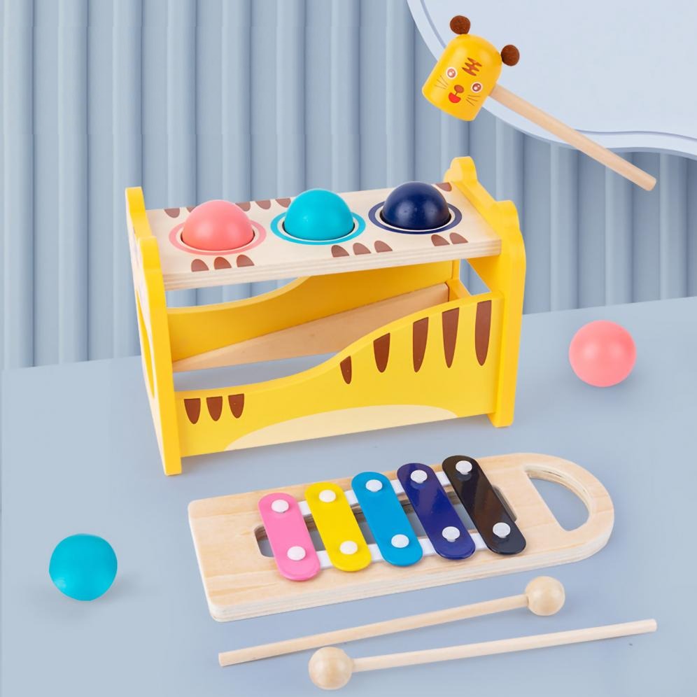 Fidtoy Wooden Tiger Pound Hammering Table with Xylophone, Wooden Hammering Table and Slide-Out Xylophone Music Toy for Fine Motor Skills, Hand-Eye Coordination and Rhythm Play