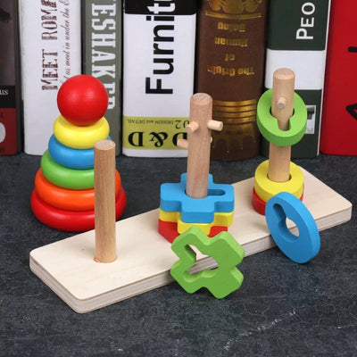 Fidtoy Rainbow Three Column Shapes Tower Wooden Stacking Toy for Kids Shape Sorting Fine Motor Learning Ages 2-6