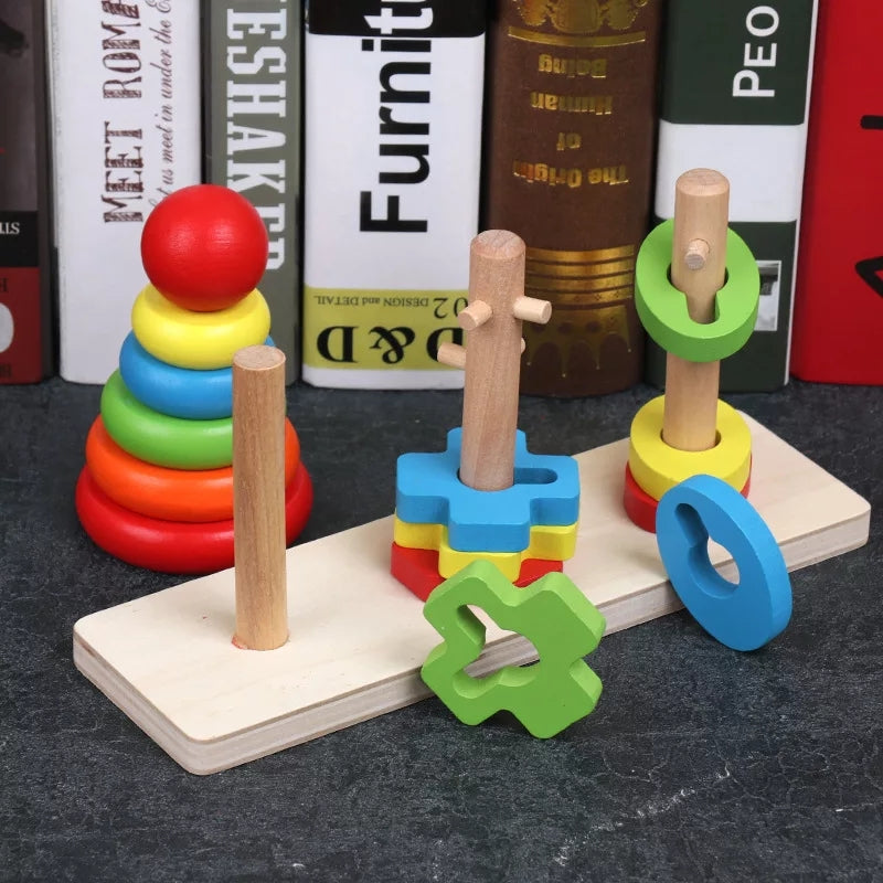 Fidtoy Rainbow Three Column Shapes Tower Wooden Stacking Toy for Kids Shape Sorting Fine Motor Learning Ages 2-6