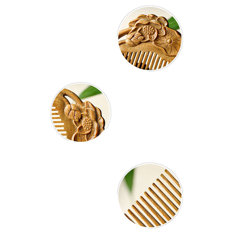 Buddha Stones Natural Green Sandalwood Lotus Flower Leaf Engraved Soothing Comb Comb BS 13