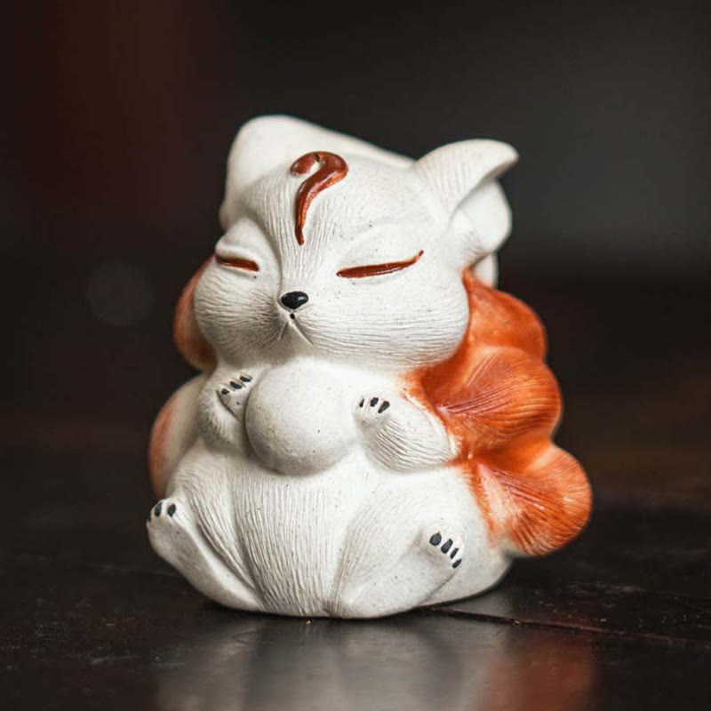 Buddha Stones Mini Nine-Tailed Fox Purple Clay Luck Desk Decoration Decorations BS 4.7*4.3*4.8cm