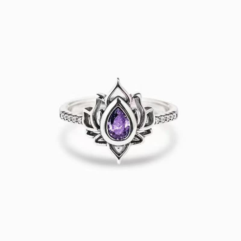 Buddha Stones Sterling Silver Lotus Zircon Blessing Protection Ring Ring BS Purple US12