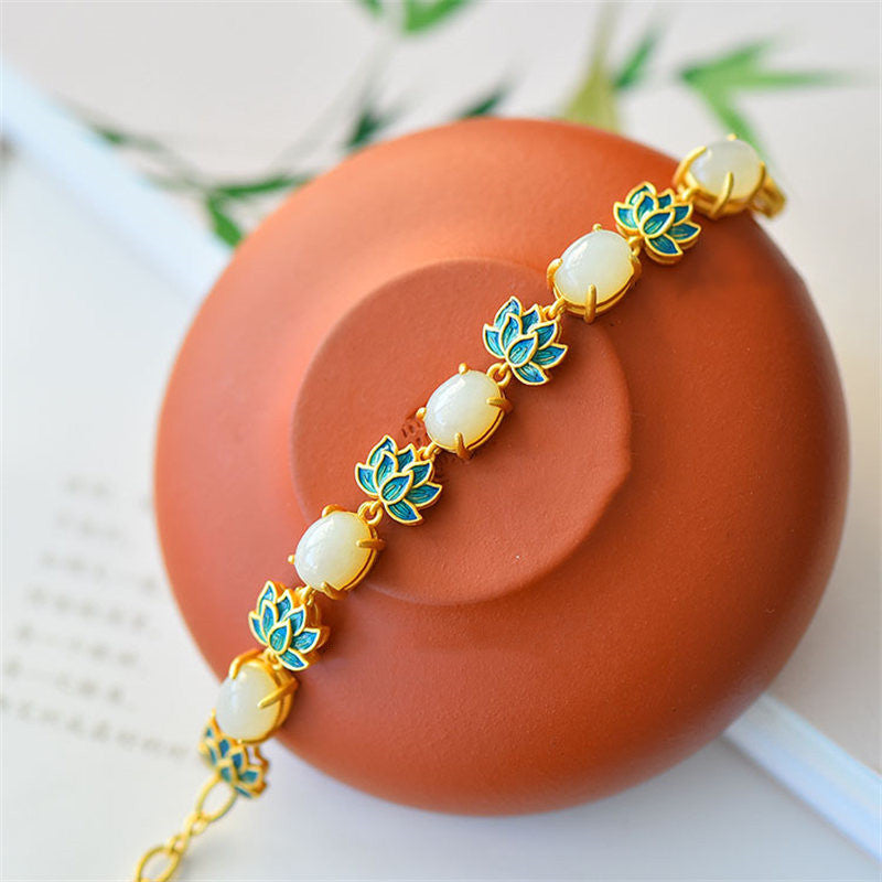 Buddha Stones White Jade Cyan Jade Lotus Protection Bracelet Bracelet BS 4
