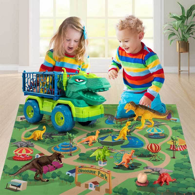 Fidtoy Dinosaur Transport Truck Playset with 15 Realistic Dinosaurs and Activity Mat – STEM Imaginative Toy for Kids