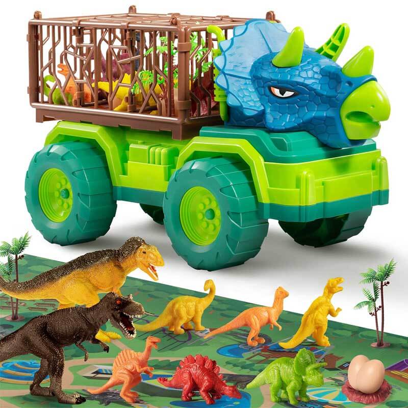 Fidtoy Dinosaur Transport Truck Playset with 15 Realistic Dinosaurs and Activity Mat – STEM Imaginative Toy for Kids