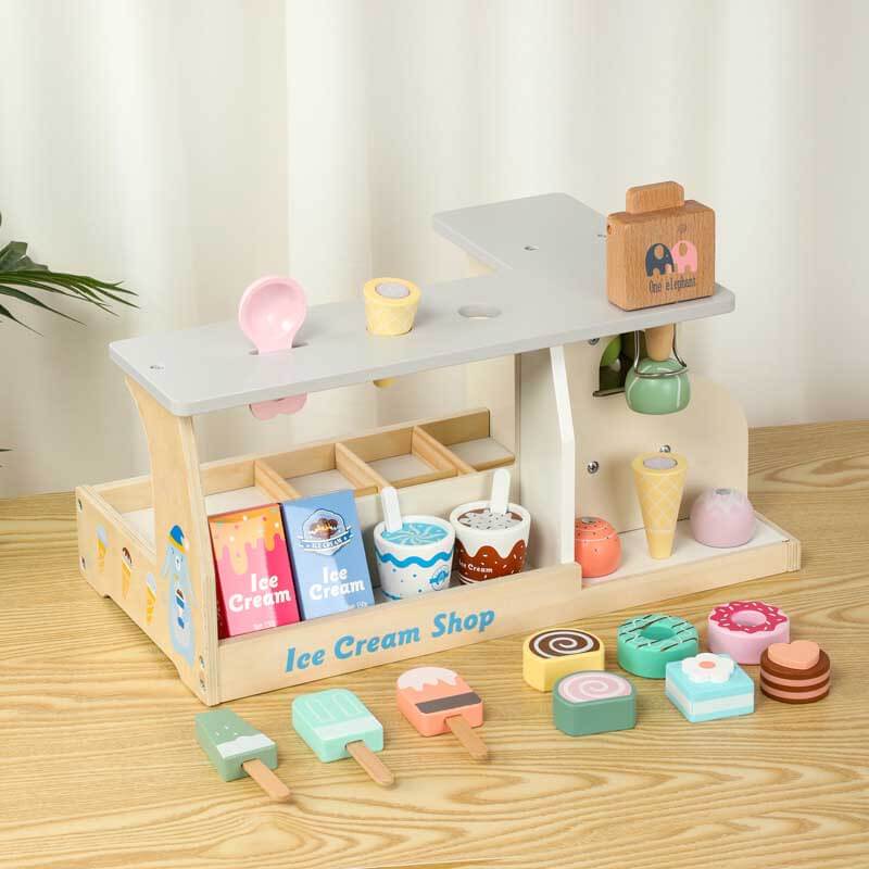 Fidtoy Wooden Ice Cream Playset - Pretend Play Food Toy for Kids